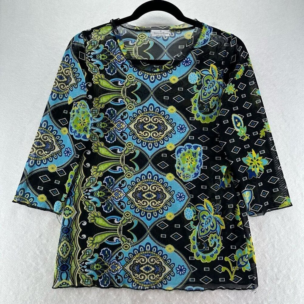 Vine Street Top Womens Sz M Floral Paisley Sheer Mesh 3/4 Sleeve Black Green